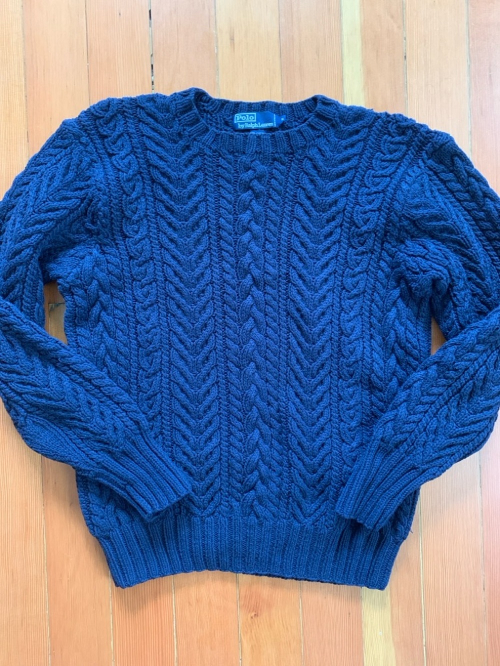 Men’s Preppy Vintage Polo Ralph Lauren Hand Knit Navy Cable-Knit cotton Sweater